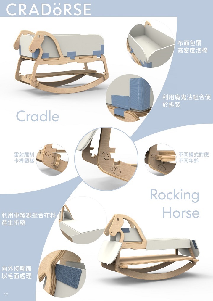 圖/工設系大四生何御誠設計的二合一搖床「CRADoRSE」，結合搖床與搖馬兩項功能。