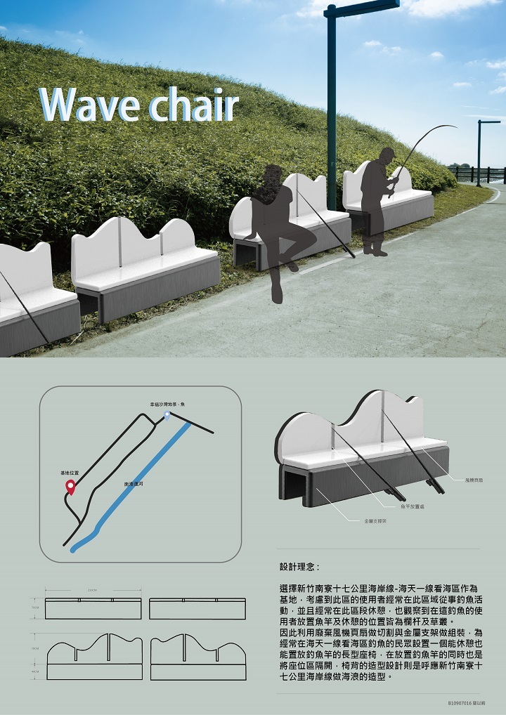簡介﹕透過觀察海天一線這一區段的使用者（釣客），為這些使用族群設計了一款能讓使用者休息的座椅，並結合放置釣竿的空間。