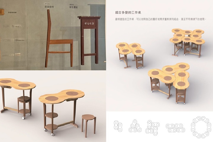 圖／中華大學景觀建築學系學生，將廢棄的木材家具回收、重新設計，打造出鏈條造型的桌椅作品。