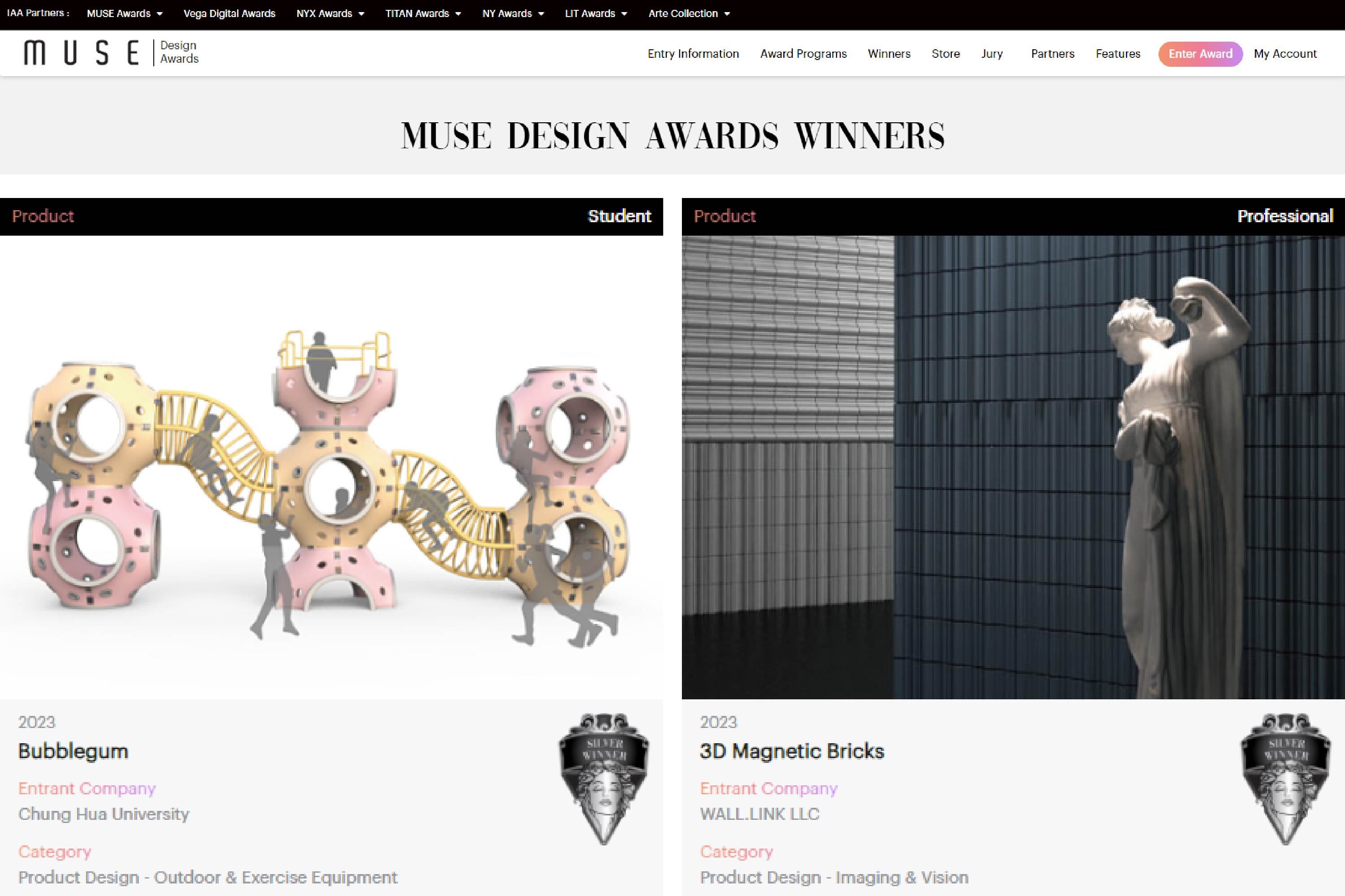 圖/張家瑜的「Bubblegum」及簡晧宇、卓虹惠的「3D Magnetic Bricks」於Muse Design Awards網站中展示。