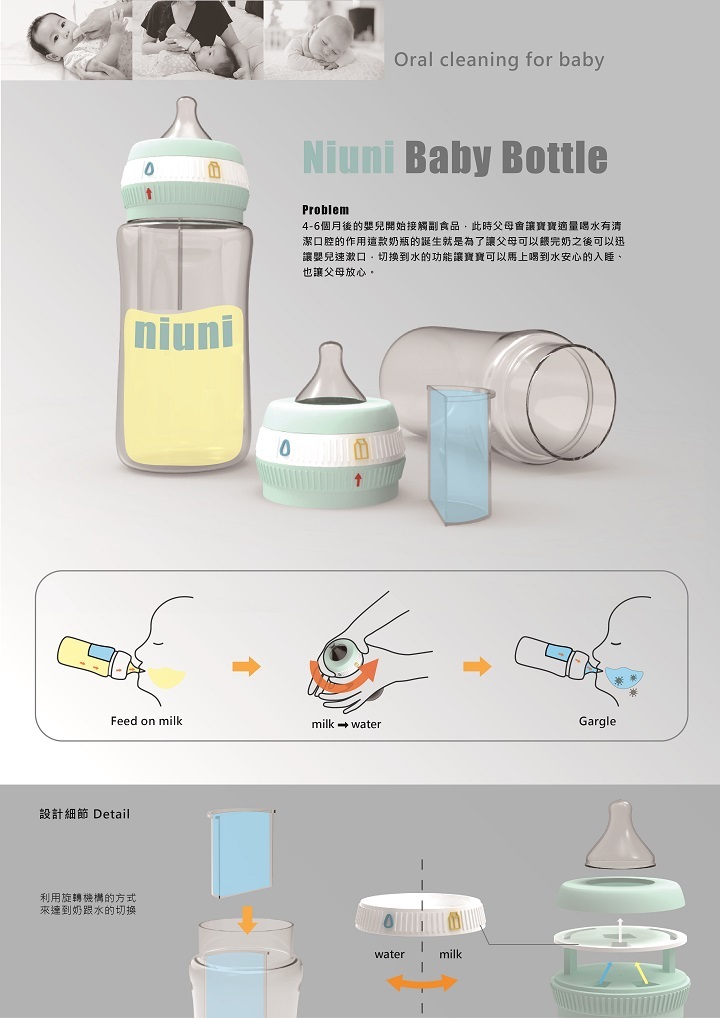 工設系大四生許庭恩與王彥翔合力創作的是奶水分離二合一奶瓶「Niuni」。