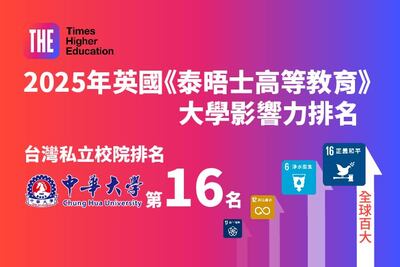 2025 THE大學影響力排名躍升！中華大學SDG16挺進全球百大